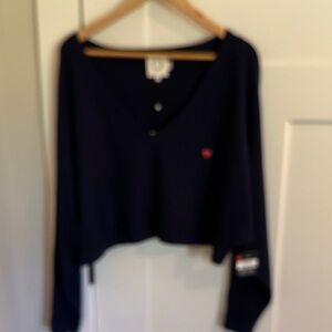 Lili Sidonio Womens Navy Vneck Long Sleeve Crop Sweater Size L